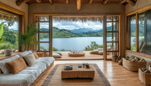 There is a beautifully designed living room that showcases an amazing view of a stunning lake and majestic mountains