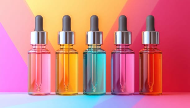 On a table, there are three colorful spray bottles that are vibrant and eyecatching, showcasing various hues