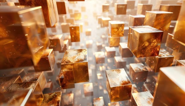 A collection of shining gold cubes is delicately suspended in the air, creating a mesmerizing spectacle