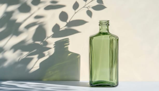 A green bottle is sitting gracefully on a table that is located next to the shadow cast by a plant nearby