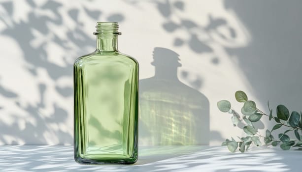 A green glass bottle is currently placed on a table that is right next to a nearby growing houseplant