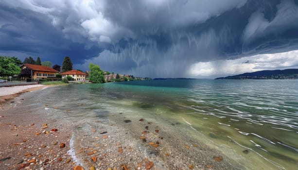 A powerful storm is approaching, casting dark clouds over a tranquil lake, with a sandy beach in the foreground