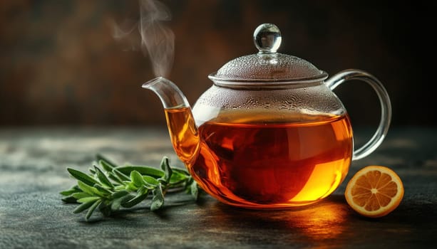 An exquisite glass teapot filled with aromatic tea sits on a beautifully set table, with a slice of fresh lemon
