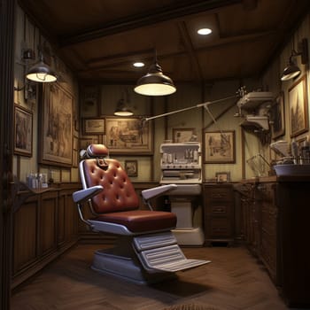 The office features industrial pipes on the walls, black and white tile flooring, a large window, and a corner sink. The green leather chair with a metal frame stands out in this distinctive setting.