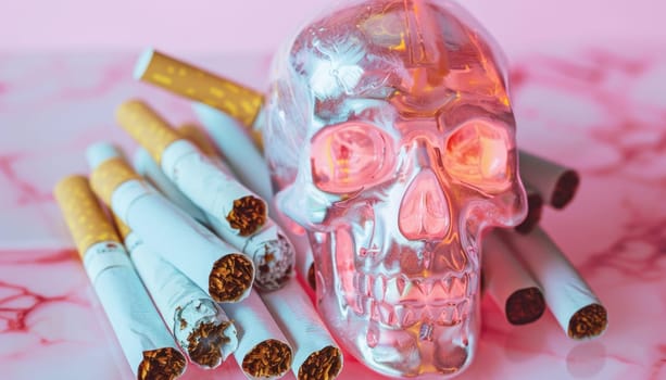A decorative glass skull sits amidst scattered cigarettes atop a vibrant pink surface, creating a unique aesthetic