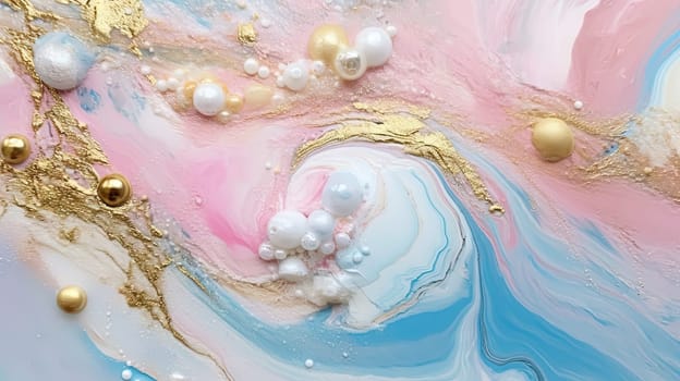 Abstract artistic background with pearlescent pink marble and holographic golden paint stains. Generated AI