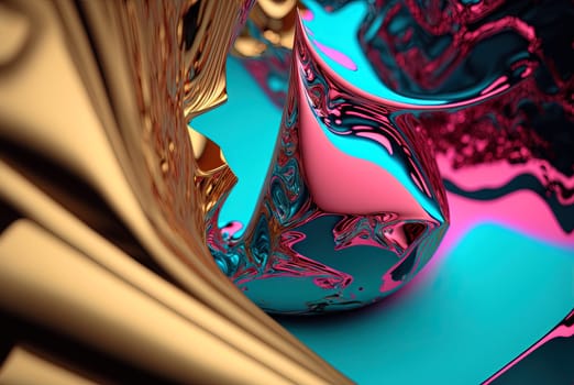 Abstract background with free 3D golden shapes, flowing and melting in surreal motion. Soft splashing abstract forms background with blue and purple crystal inclusion. Generated AI