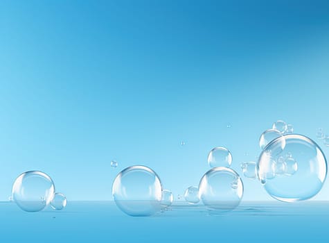 Soaring bubbles on blue background. Abstract soap bubbles floating background. Generated AI