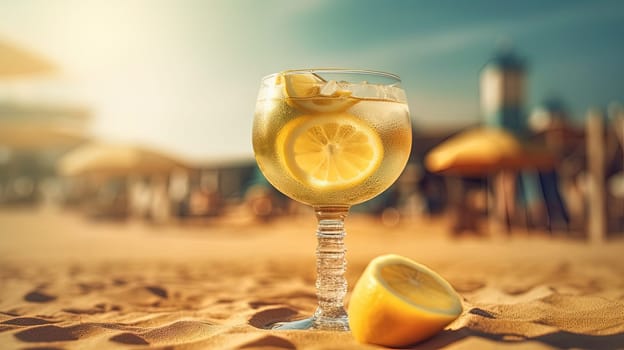 Glass with lemon water in the sand of the beach. Vacation scene with lemonade glass on the shore line. Generative AI.