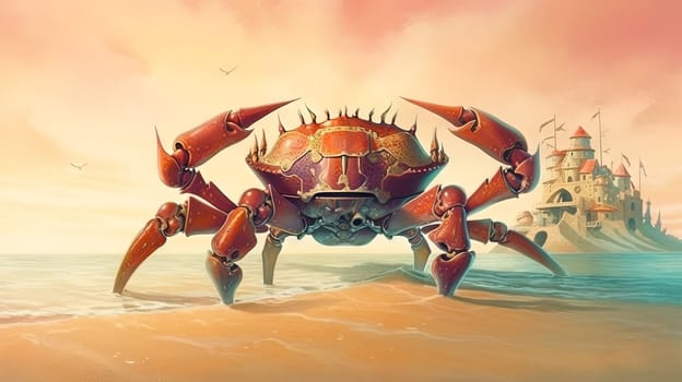 Curious crab on the sandy beach in nostalgic card style. Retro vacation postcard with crab on the coast. Generated AI