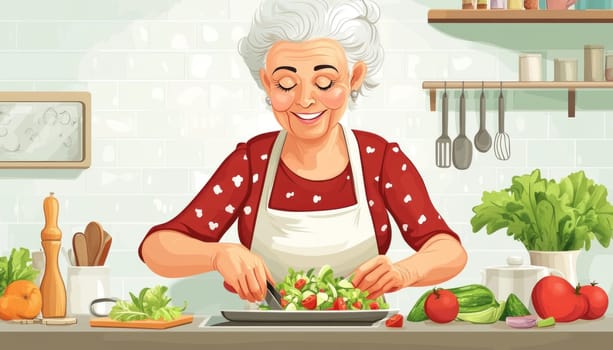 An elderly woman, with care, is cutting various vegetables on a cutting board in her cozy kitchen space