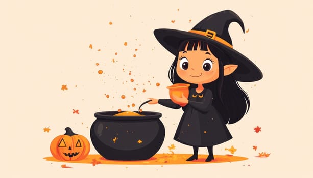 A small girl, who is dressed in a witch costume, is happily pouring a colorful potion into a bubbling cauldron