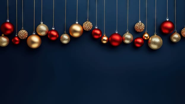 Christmas balls hanging in line on blue background. Winter holiday card with baubles. Generated AI