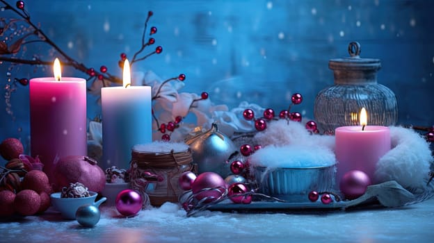 Christmas decoration with candles and baubles. Xmas card template with winter holidays ornament, candles and balls. Generated AI