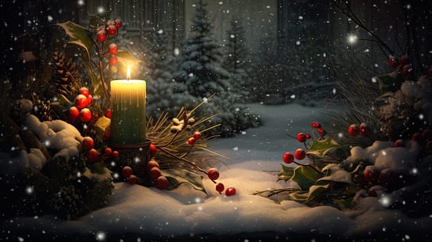 Christmas card with snow and candles. Winter holidays ornament and candles on the Xmas scene. Generated AI