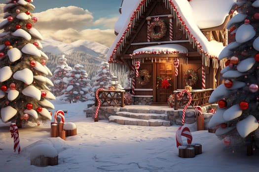 Christmas house in the forest with candies and winter holiday ornaments. Santa gingerbread house on the snow. Generated AI