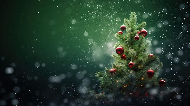 Christmas tree with glass balls on the blurred background with bokeh. Winter holidays greeting card with Xmas fir and baubles. Generated AI