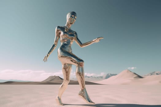 Crome robot woman dancing in the desert. Artificial intelligence rise and shiny. Mechanical beauty. Generated AI