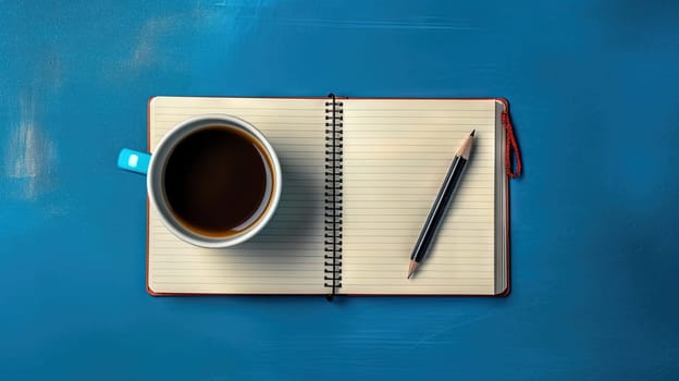 Cup of coffee and notepad with pen, top view. Generated AI