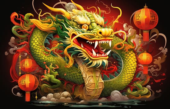 Green dragon in traditional style, mysterious monster from farytales and symbol of 2024 lunar year in Chinese calendar. Generated AI