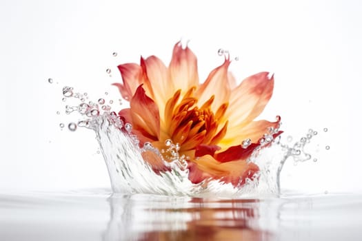 Flower in splashing water. Floral freshness concept with water drops for cosmetic, moisture and self-care packaging. Generated AI