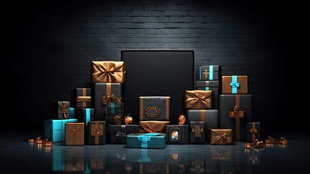 Compostion of gift boxes with ribbons for holiday sale event. Generated AI