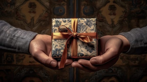 Handcrafted gift box in hands. Offering of the beautiful handmade giftbox. Generated AI
