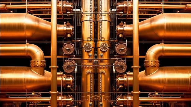 Industrial plant background with shiny pipes. Generated AI