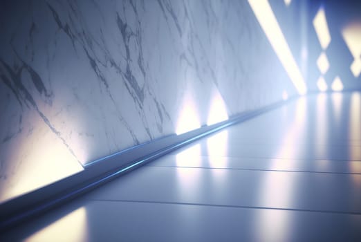 Abstract marble room with shiny lights. Interior view with marble background and scenic lightning. Generated AI