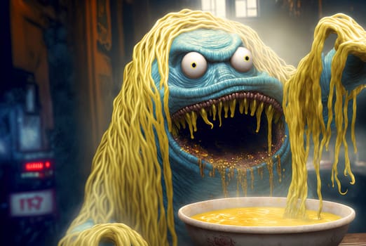 Funny monster spaghetti. Cute pasta, noodle or ramen character with crazy funny face. Generated AI