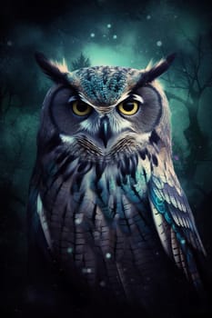 Wild owl in the forest. Colorful realistic style, wildlife element. Generated AI.