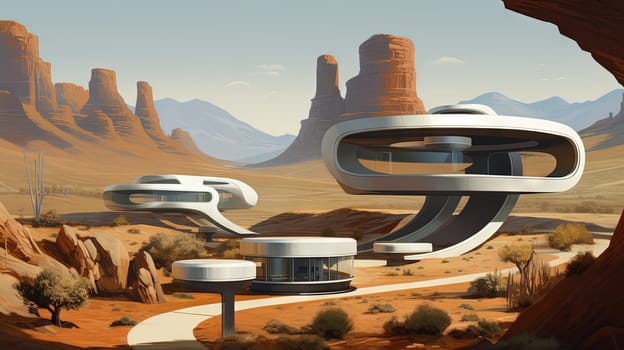 Retro futuristic architecture in sci-fi scene on the desert planet. Alien landscape with nostalgic retro future constructions. Generated AI