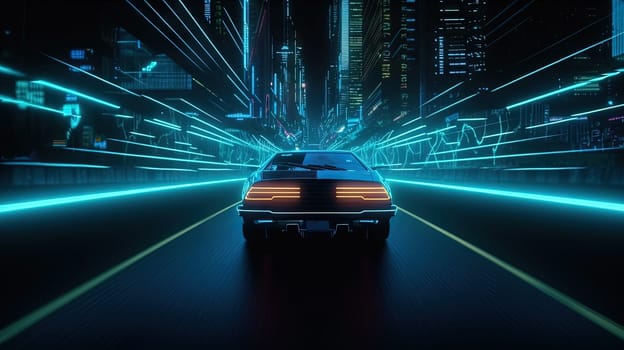 Car ride on the neon road in 80s retro synthwave style. Generated AI