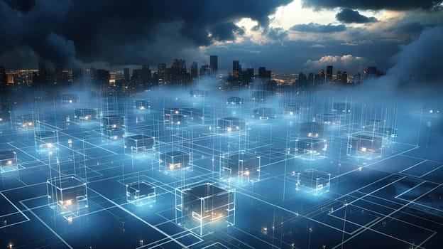 Concept of a digital city with cloud connections. Futuristic network in the clouds. Generated AI
