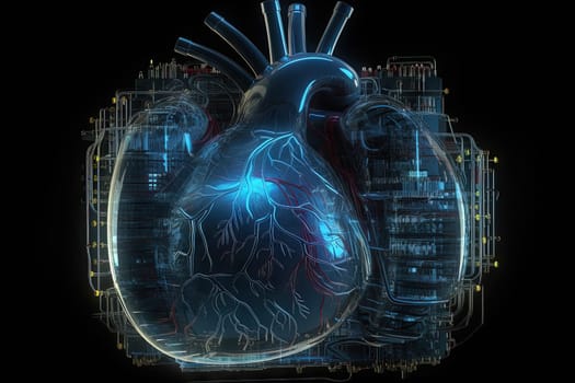 Technological heart concept for healthcare or digital motor idea. Generated AI