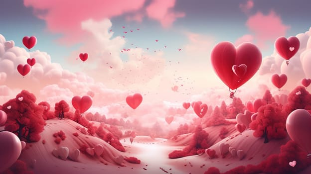 Valentine Day greeting card with surreal romantic landscape full of hearts. Generated AI