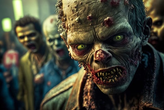 Zombie head with scary face in the crowd during the zombie apocalypse. Horror theme for Halloween or game party ad. Generated AI