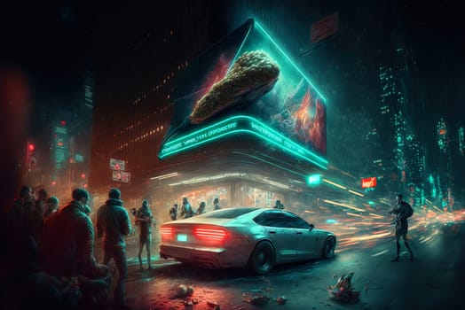 Cyberpunk styled cafe on the street corner with neon lights. Futuristic fast food restaurant with fake neon signs. Generative AI