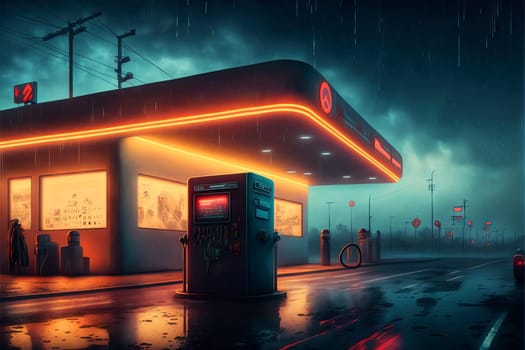 Neon gas starion in the night. Neon cyberpunk or travel concept with dark gas station shop. Generative AI