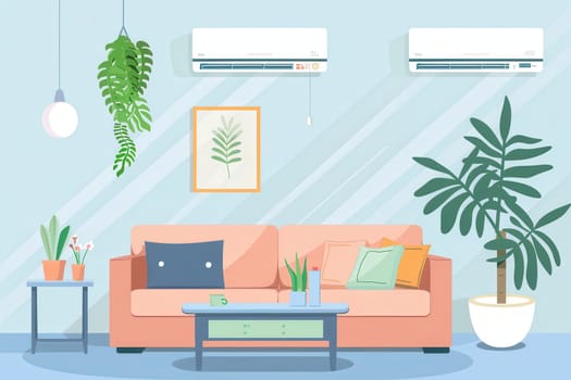 This stylish living room features a cozy sofa, air conditioners, and green plants, creating a comfortable and inviting atmosphere.