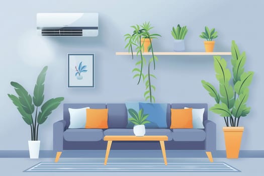 This living room showcases a modern design with an air conditioner, a comfortable sofa, colorful cushions, and vibrant plants enhancing the decor.