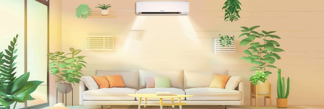 A contemporary living room showcases a sleek air conditioner, cozy couch, and vibrant indoor plants basking in warm sunlight.