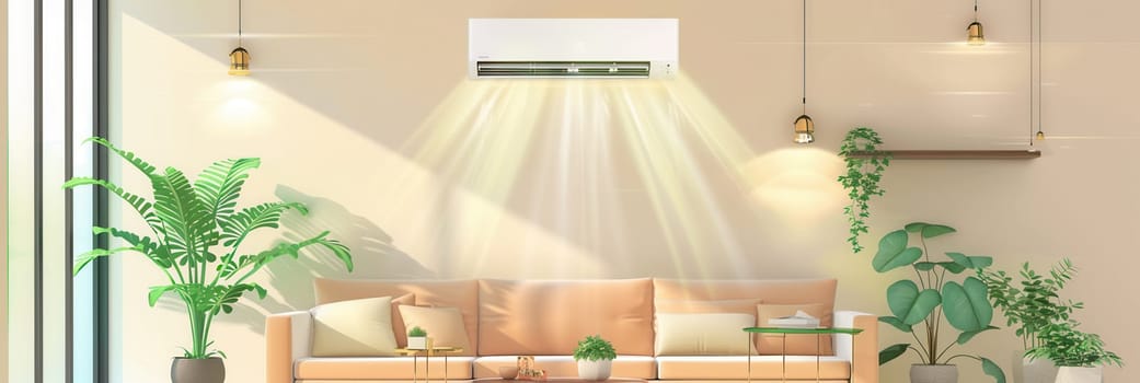A stylish living room displays an air conditioner on the wall, complemented by natural light and vibrant plants creating a fresh, inviting atmosphere.