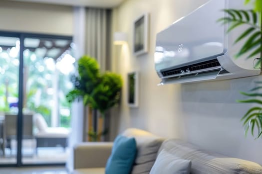 A contemporary living room showcases a wall-mounted air conditioner alongside comfortable seating and a view of lush greenery through sliding doors.