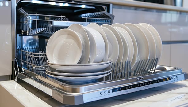 Open modern dishwasher showing clean plates after washing cycle