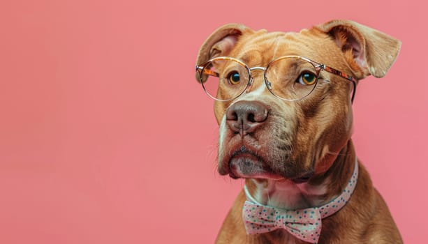 Portrait of a brown dog wearing glasses and a bow tie on a pink background