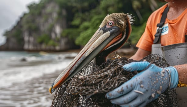 Wildlife rescuer wearing gloves is removing a fishing net from a pelican's beak on a beach