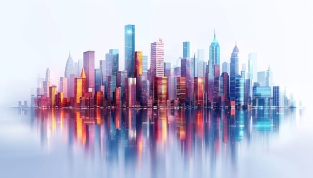 Modern colorful cityscape reflecting on water at sunset