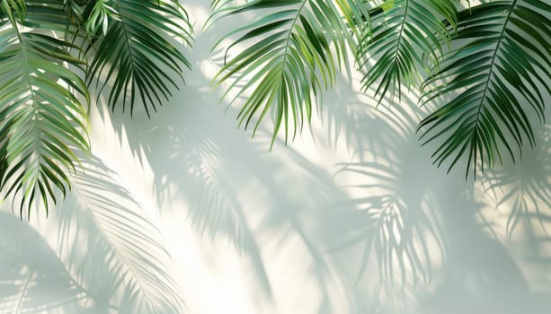 Natural background with tropical palm leaves casting shadows on a plain white wall