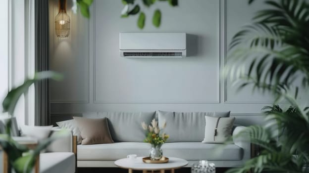 A stylish modern living room showcases a wall-mounted air conditioner, comfortable seating, and decorative plants for a tranquil atmosphere.